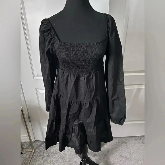 Steve Madden  | Black Smocked Puff Sleeved Peasant Mini Dress | Size M [24] - Picture 3 of 7